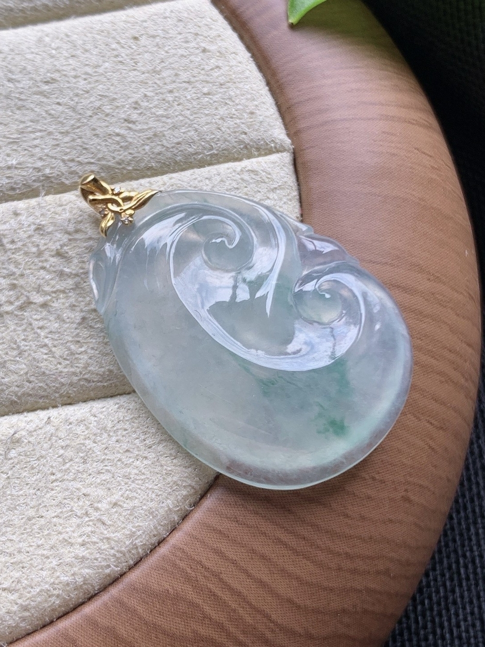 Certified Translucent Jade Carved Ruyi Pendant Necklace with Gold Bail